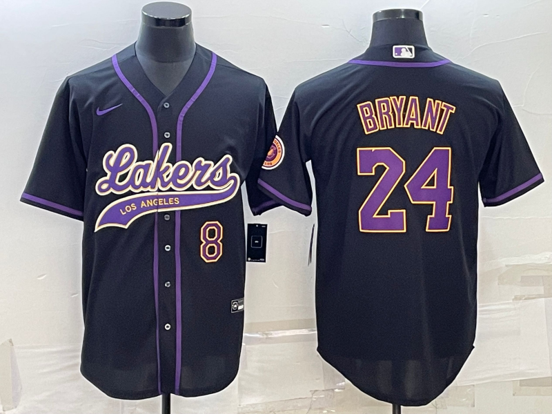 Men's Los Angeles Lakers Front #8 Back #24 Kobe Bryant Black Cool Base Stitched Baseball Jersey